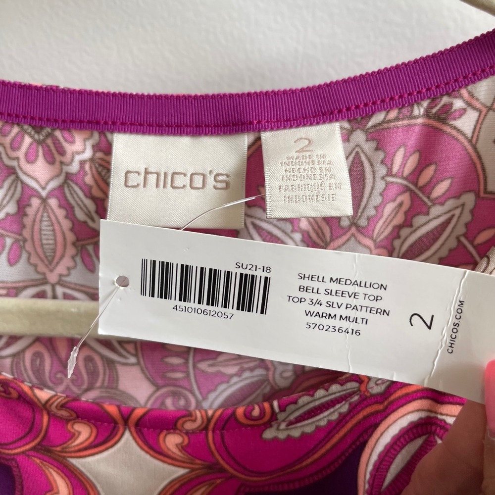 Chico's Shell Medallion Top Womens 2 L Pink Paisley Bell Sleeve Ruffle 570236416 - Picture 5 of 8